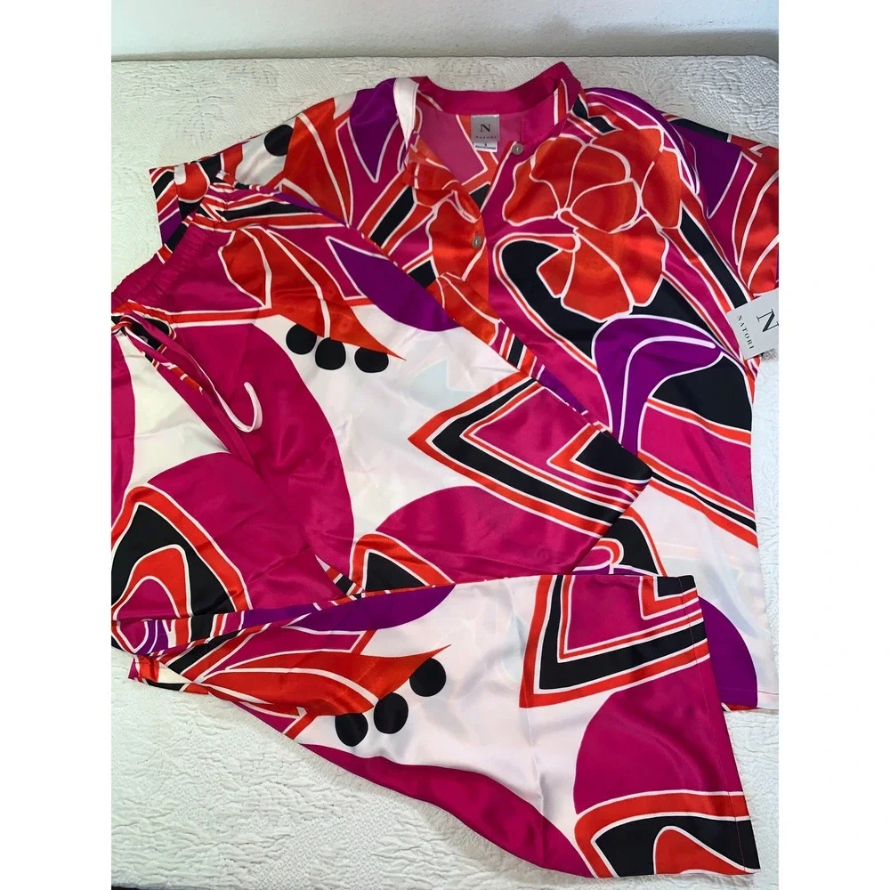 Natori Womens Pajama Set Pink Orange Abstract Floral Satin Button Top Pants S
